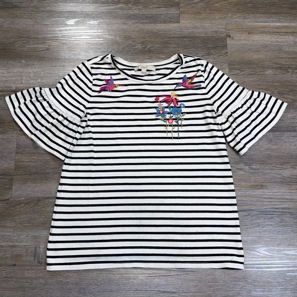 LOFT Black Cream-White Striped Top Womens S Colorful Hummingbird Floral Print